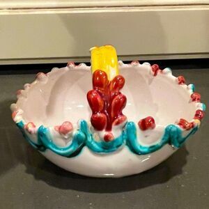 Italian Majolica Glazed piccolo Easter basket with berries and vines artist made